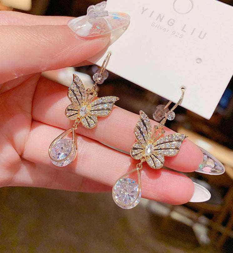 925 Silver Needle Butterfly Zircon Earrings