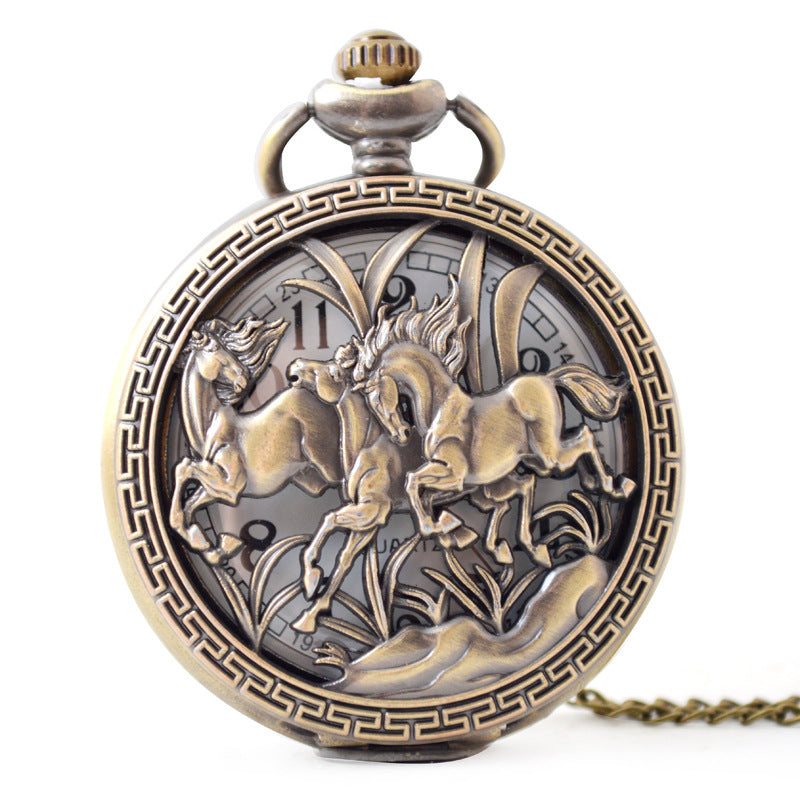 Men's Three Horses Skeleton Quartz Pocket Watch PrestigePearls