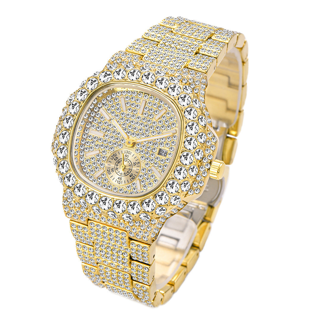 Full Diamond Hip Hop Calendar Luminous Quartz Waterproof Business Men's Gold Watch PrestigePearls