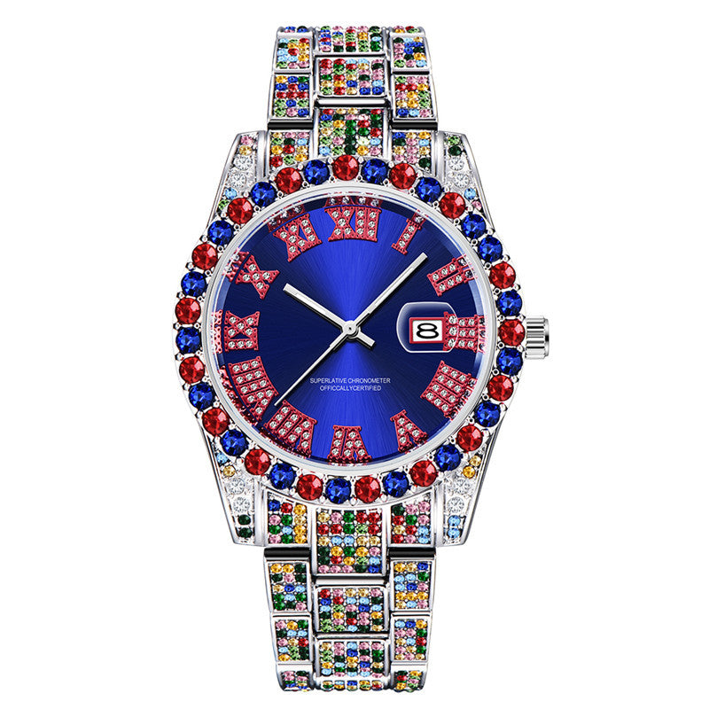 Hip Hop Men Fashion Color Full Diamond Date Quartz Watches PrestigePearls