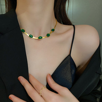 Fashion Jewelry Titanium Steel Vintage Emerald Blade Chain Necklace Women - prestigepearls