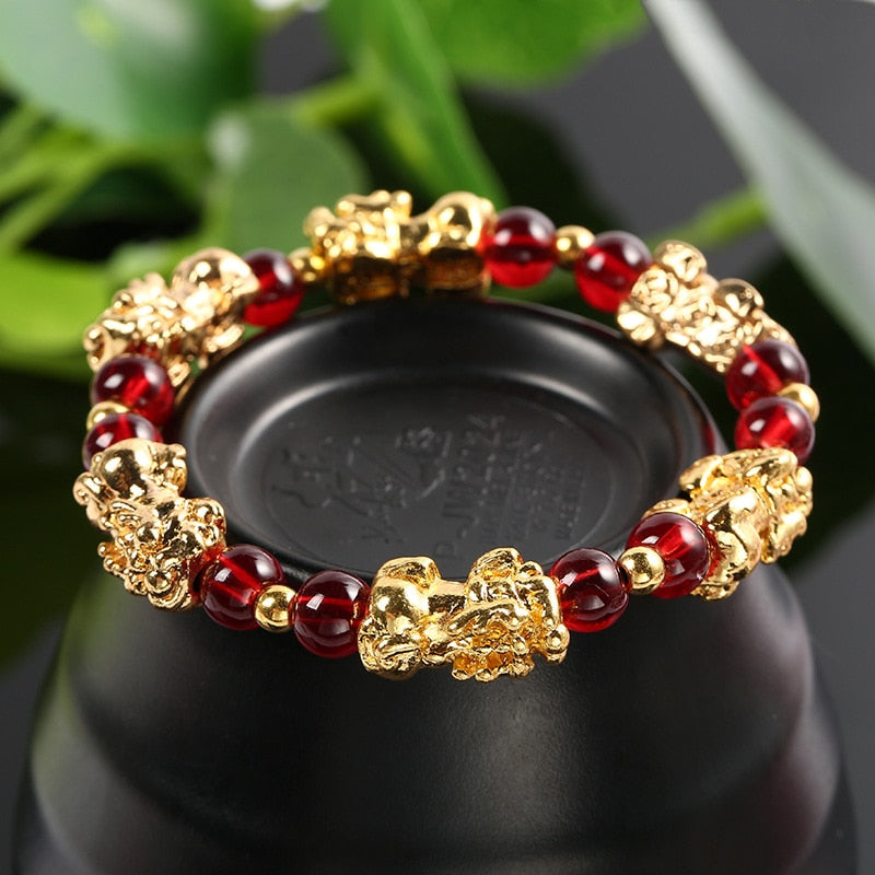 New Yellow Stone PIXIU Bracelet Vintage 3D Red Garnet Beads Feng Shui Lucky Brave Wealth Bracelet for Women Men Bangles - prestigepearls