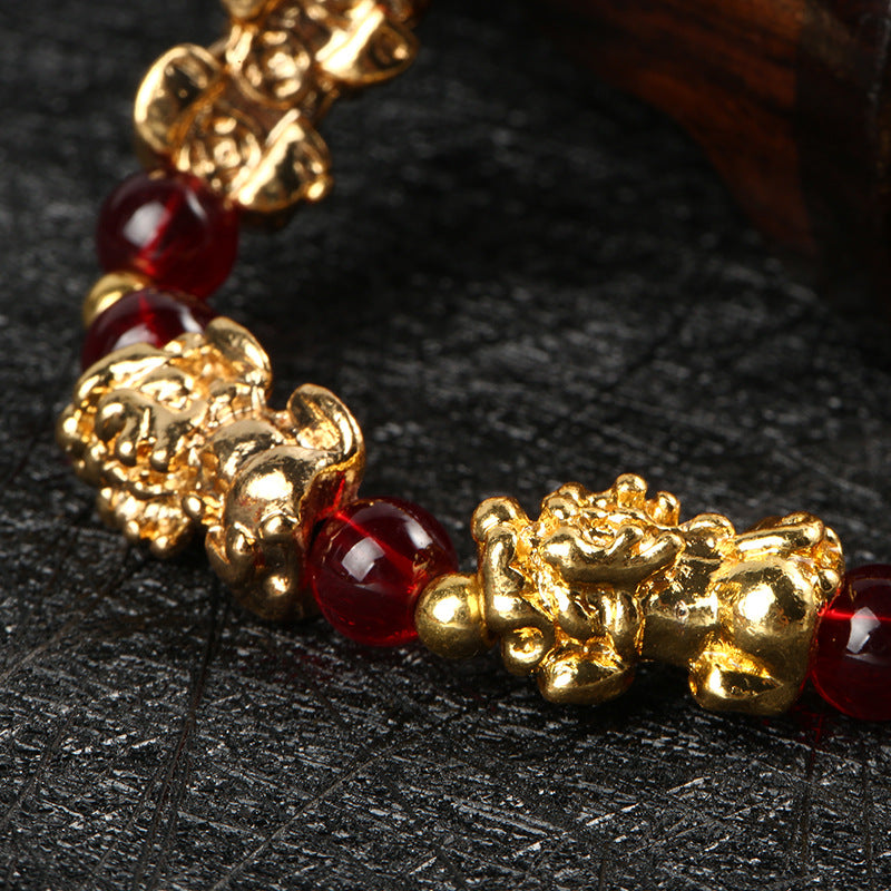 New Yellow Stone PIXIU Bracelet Vintage 3D Red Garnet Beads Feng Shui Lucky Brave Wealth Bracelet for Women Men Bangles - prestigepearls