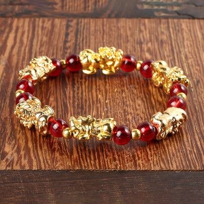 New Yellow Stone PIXIU Bracelet Vintage 3D Red Garnet Beads Feng Shui Lucky Brave Wealth Bracelet for Women Men Bangles - prestigepearls