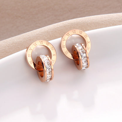 Titanium Steel No Fading Double Ring Diamonds With Roman Numbers Stud Earrings PrestigePearls