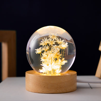 LED Night Light Flower Crystal Ball Children Night Lamp With Woodern Base Bedroom Ambient Light Creative Gift Night Light - prestigepearls