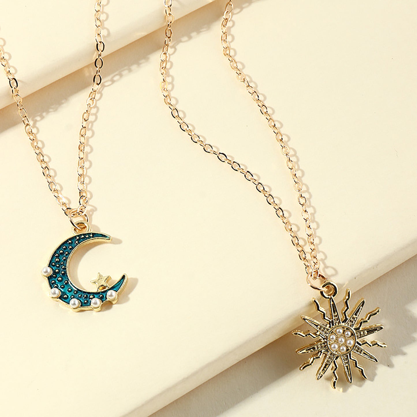 Sun Moon Necklace Blue Gold Stainless Steel Pendant Necklaces Jewelry - prestigepearls