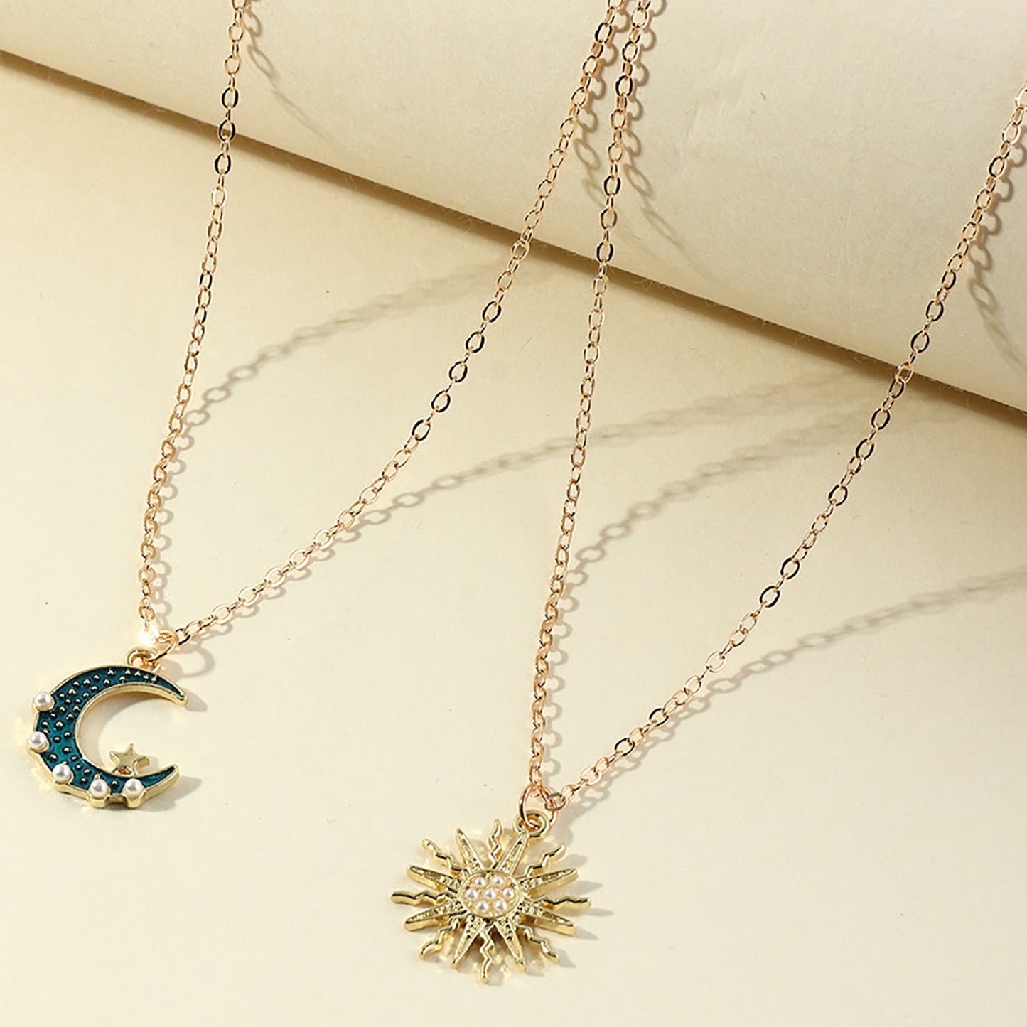 Sun Moon Necklace Blue Gold Stainless Steel Pendant Necklaces Jewelry - prestigepearls