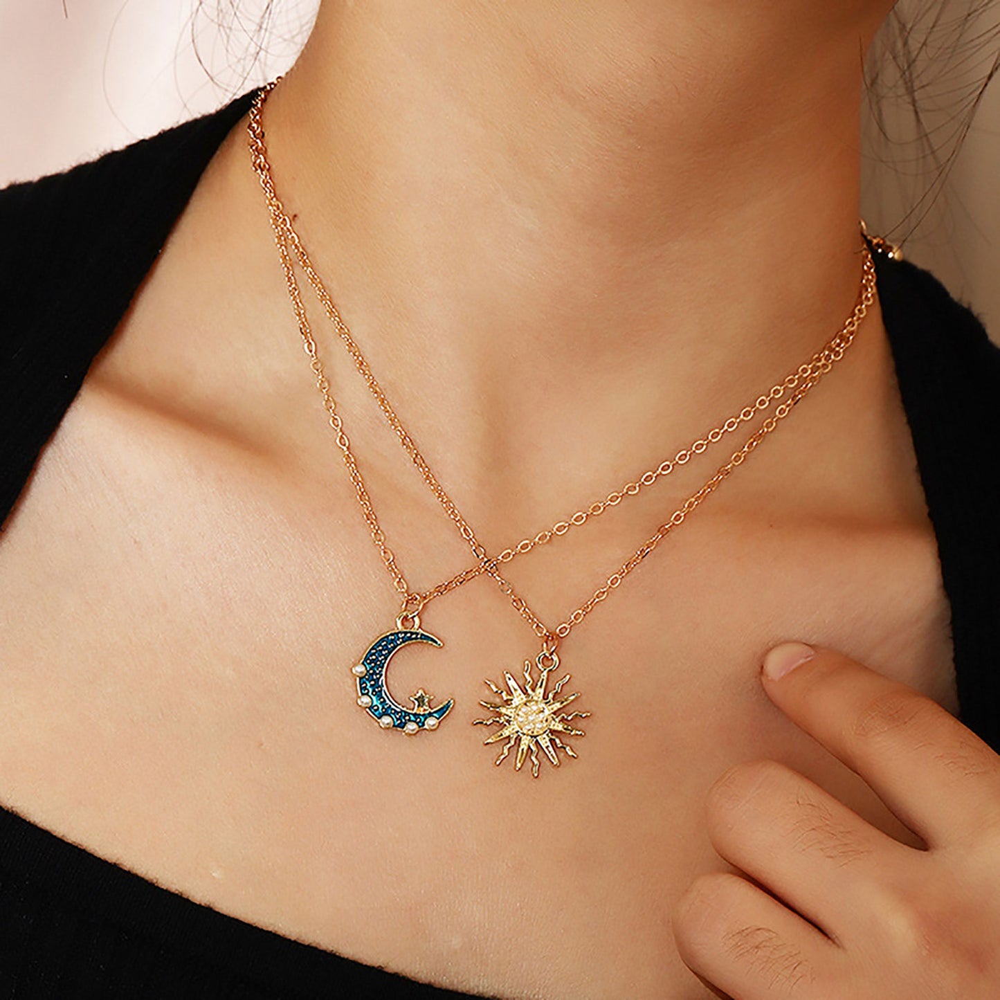 Sun Moon Necklace Blue Gold Stainless Steel Pendant Necklaces Jewelry - prestigepearls