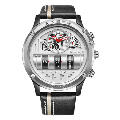 AKOPN 9022--Uniquex Men Wrist Watches Leather Black Silver Creative PrestigePearls