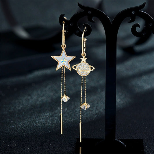 925 Silver Needle Pentagram Earth Tassel Asymmetrical Earrings PrestigePearls