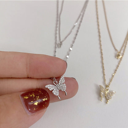 Fashion Jewelry Elegant Silver Color Shiny Butterfly Necklaces Ladies Exquisite Double Layer Clavicle Chain Necklace Jewelry Gift PrestigePearls