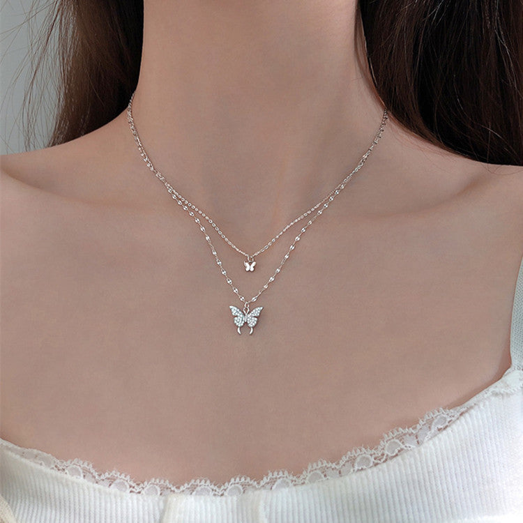 Fashion Jewelry Elegant Silver Color Shiny Butterfly Necklaces Ladies Exquisite Double Layer Clavicle Chain Necklace Jewelry Gift PrestigePearls