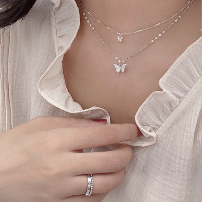 Fashion Jewelry Elegant Silver Color Shiny Butterfly Necklaces Ladies Exquisite Double Layer Clavicle Chain Necklace Jewelry Gift PrestigePearls