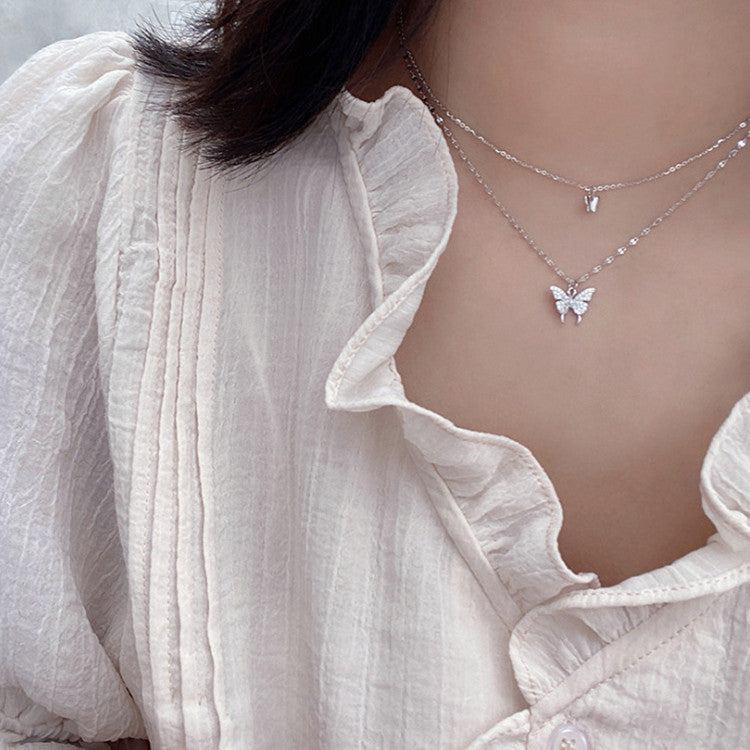 Fashion Jewelry Elegant Silver Color Shiny Butterfly Necklaces Ladies Exquisite Double Layer Clavicle Chain Necklace Jewelry Gift PrestigePearls