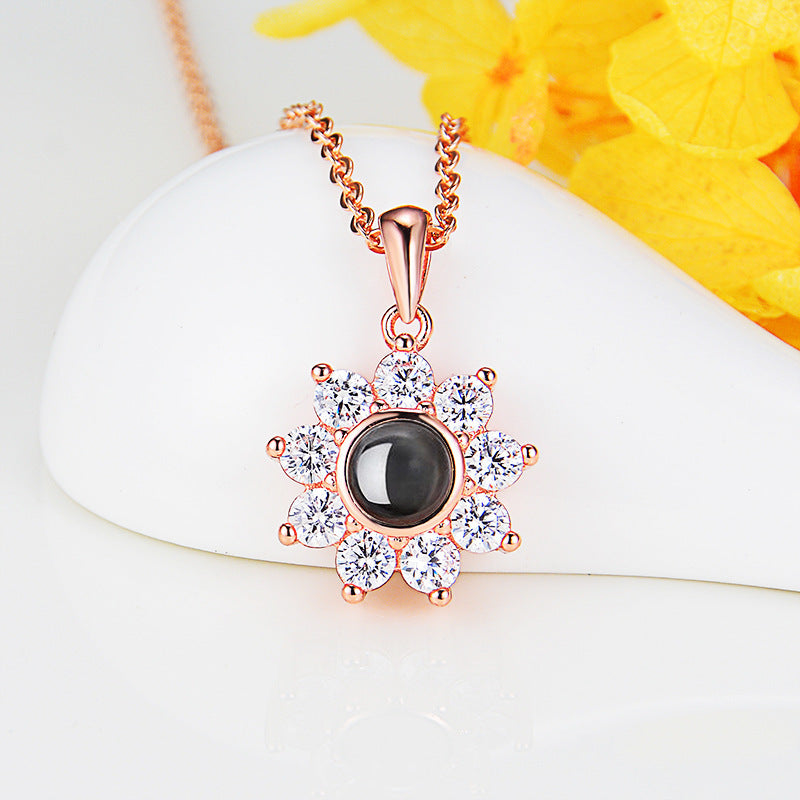 Custom Photo Name Projection Necklace Rose Gold Silver Color Clavicle Chain Personalized Sun Flower Shaped Pendant Jewelry PrestigePearls