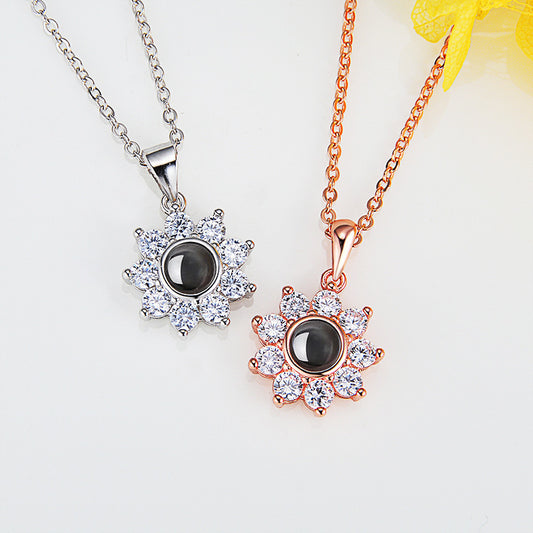 Custom Photo Name Projection Necklace Rose Gold Silver Color Clavicle Chain Personalized Sun Flower Shaped Pendant Jewelry PrestigePearls