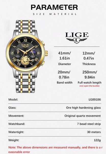 LIGE 89106 --Men's Quartz Watch Luminous Moon Phase Multifunctional PrestigePearls