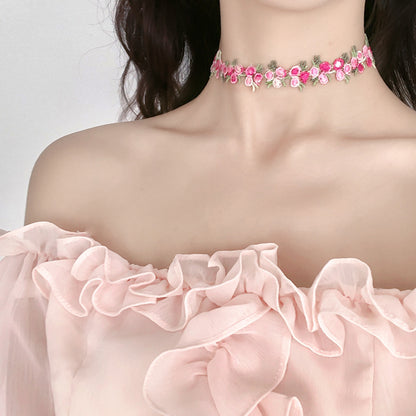 Female pink flower choker collar PrestigePearls