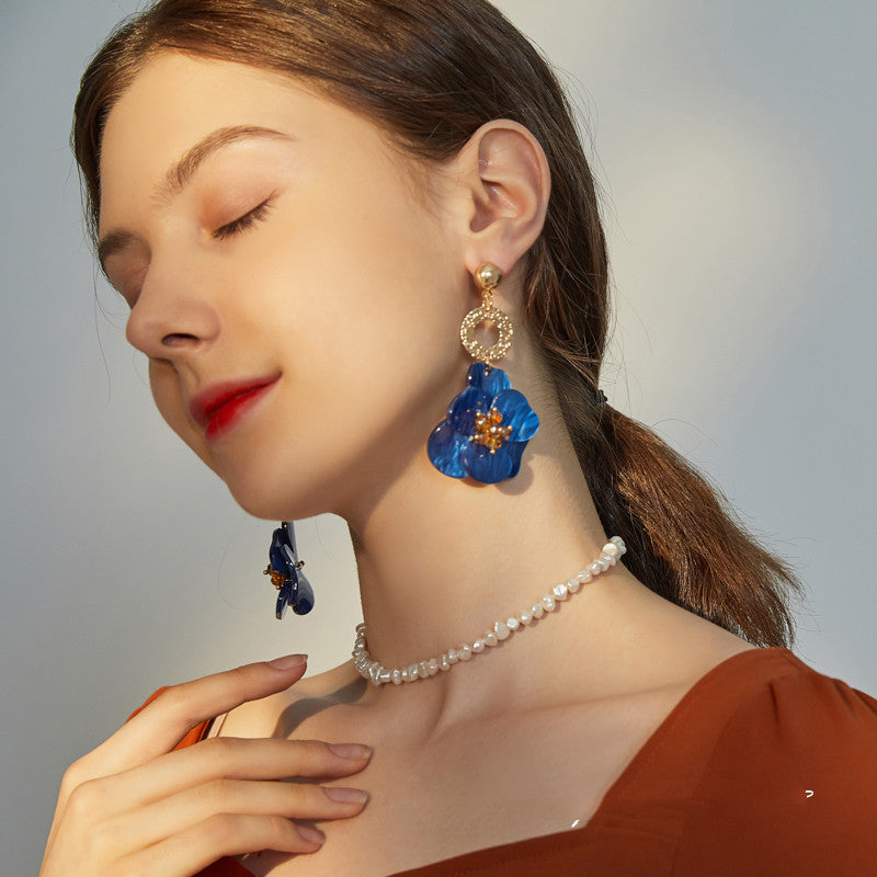 Acrylic Royal Blue Vintage Flower  Exaggerate French Earrings PrestigePearls