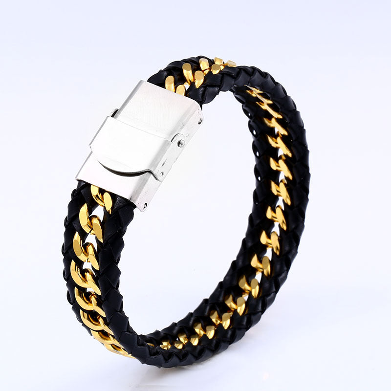 LeatherCraft Gold Handwoven Chain Bracelet PrestigePearls