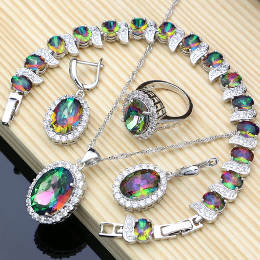 Mystic Rainbow Fire Cubic Zirconia Jewelry Sets Women 925 - prestigepearls