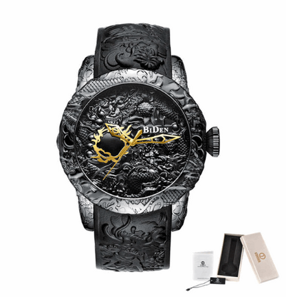 BIDEN 0129--Black Men Watches Fashion 3D Engraved Dragon Relogio Masculino Luxury Top Brand Quartz Watch Waterproof Sport Male Clock