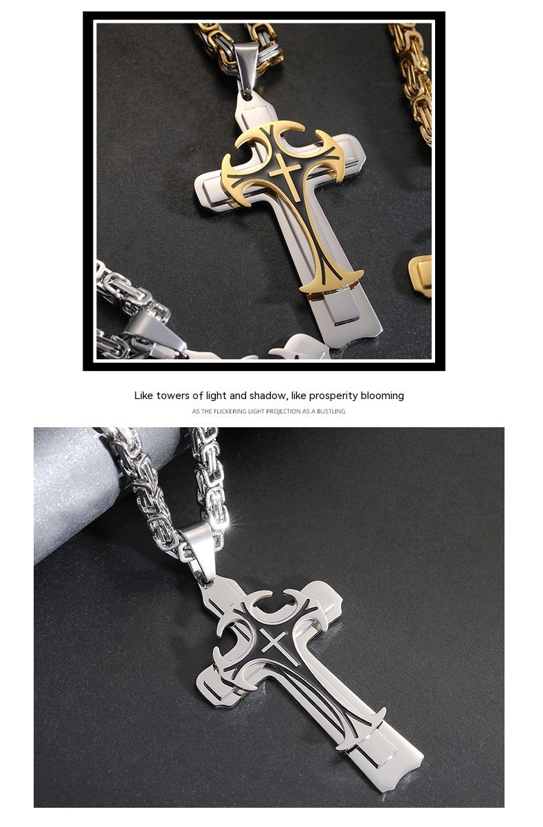 Fashion Jewelry Christian Trinity Latin Cross Necklace For Men Stainless Steel Three Layers Cross Pendants Necklaces Jewelry Gift PrestigePearls