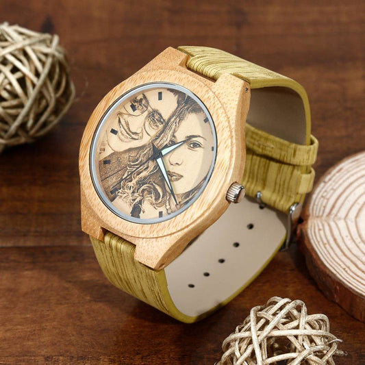 Women's Engraved Bamboo Photo Watch Wooden Leather Strap 40mm PrestigePearls