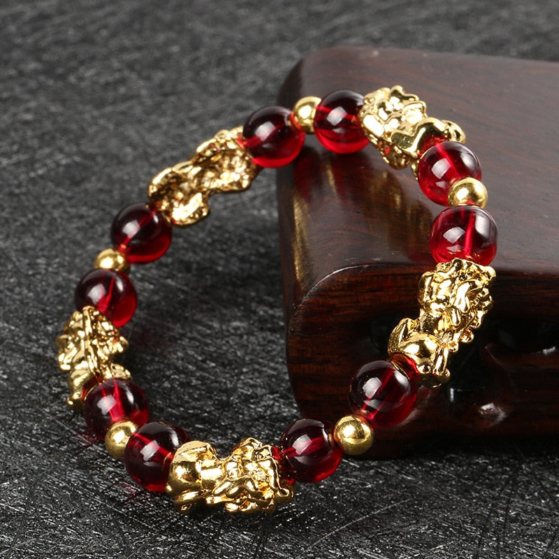 New Yellow Stone PIXIU Bracelet Vintage 3D Red Garnet Beads Feng Shui Lucky Brave Wealth Bracelet for Women Men Bangles - prestigepearls