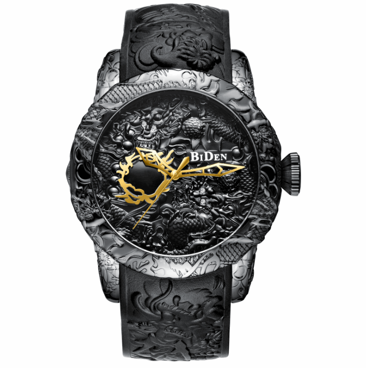 BIDEN 0129--Black Men Watches Fashion 3D Engraved Dragon Relogio Masculino Luxury Top Brand Quartz Watch Waterproof Sport Male Clock