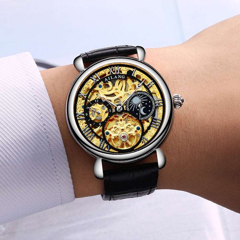 AILONG AL-6889-- Gold Hollow Movement moon phase Automatic Mechanical Watch