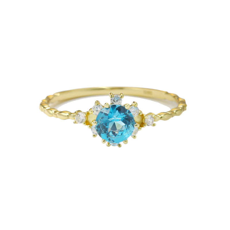 Simple retro snowflake natural blue topaz zircon ring PrestigePearls