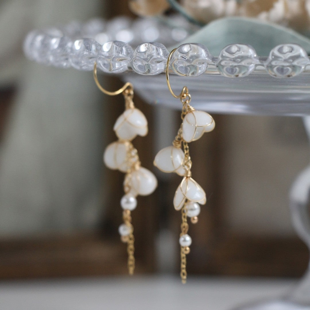 Handmade Flower Bell Orchid Petal Flower Long Tassel Earrings PrestigePearls