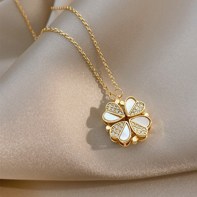 Luxury Four Leaf Clover Pendant Necklace Stainless Steel Crystal Heart Jewelry For Women Gift PrestigePearls