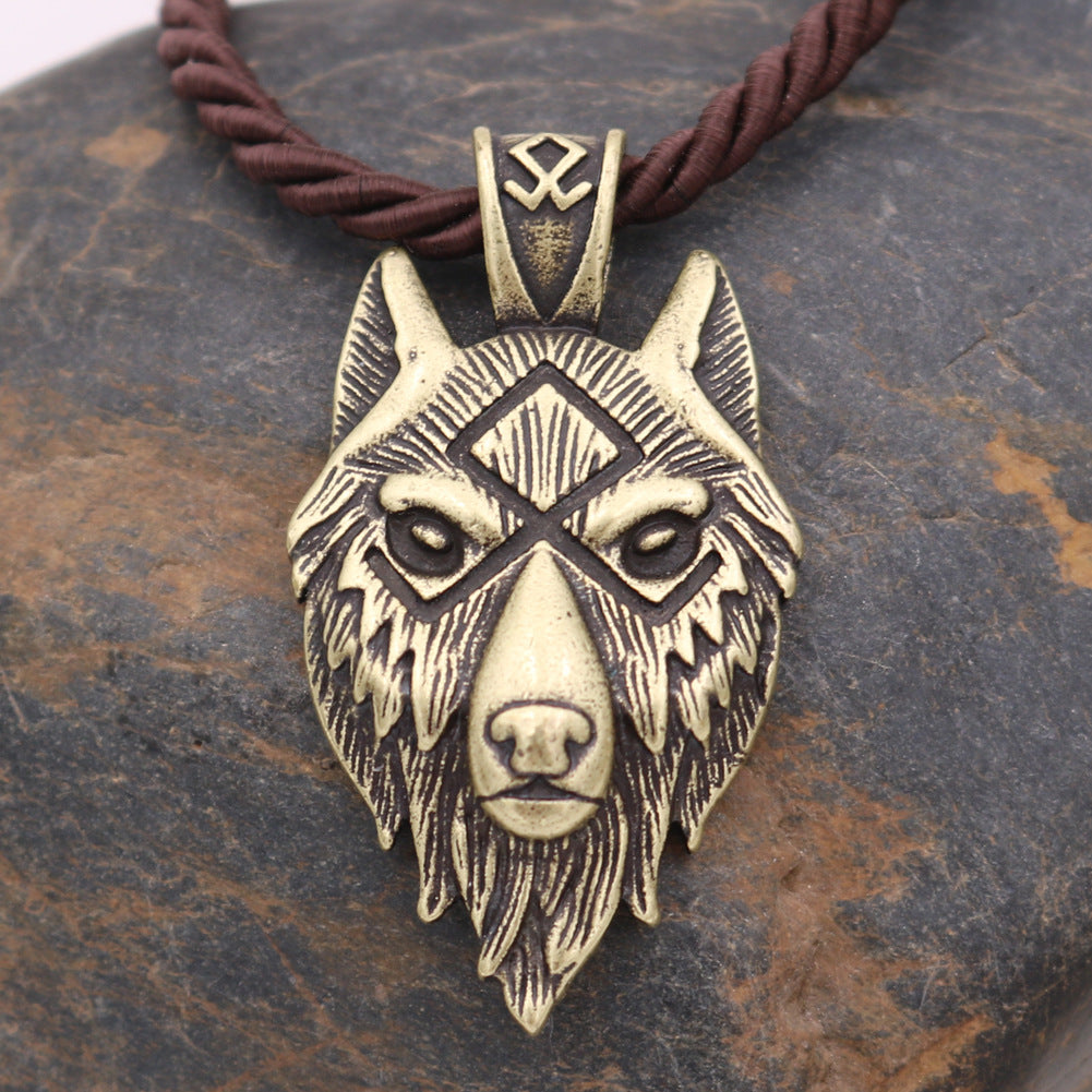 Viking Wolf Head Metal Necklace Luna Rune Amulet - prestigepearls