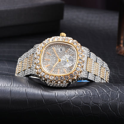 Full Diamond Hip Hop Calendar Luminous Quartz Waterproof Business Men's Gold Watch PrestigePearls