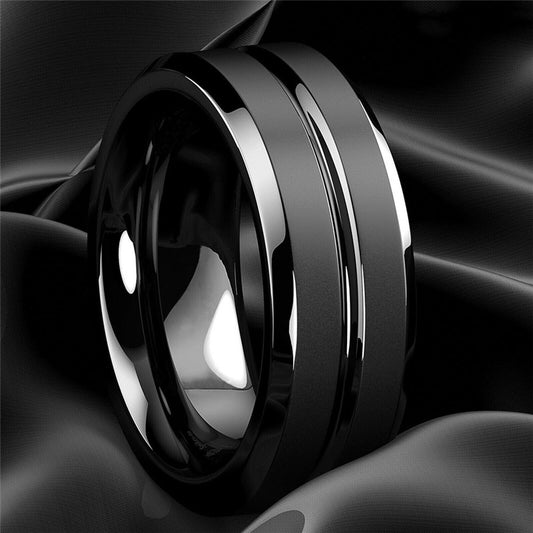 8mm Men's Ring Jewelry Black Groove Matte Stainless Steel - prestigepearls