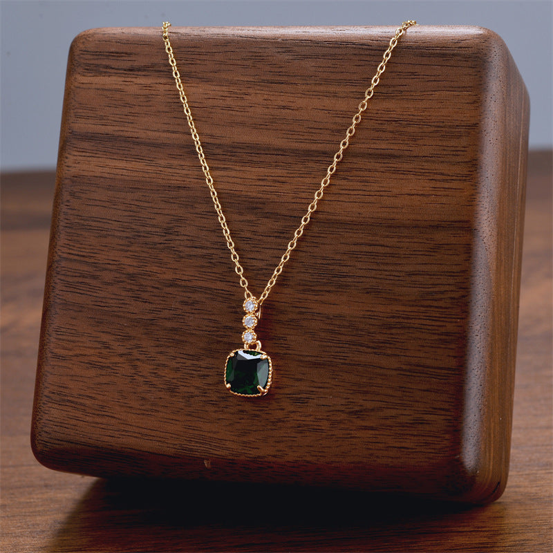 Emerald Square Gemstone Pendant Micro-inlaid Necklace PrestigePearls