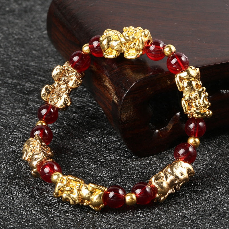 New Yellow Stone PIXIU Bracelet Vintage 3D Red Garnet Beads Feng Shui Lucky Brave Wealth Bracelet for Women Men Bangles - prestigepearls