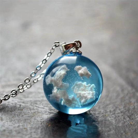 Transparent Resin Blue Sky White Cloud Ball Moon Pendant Necklace PrestigePearls