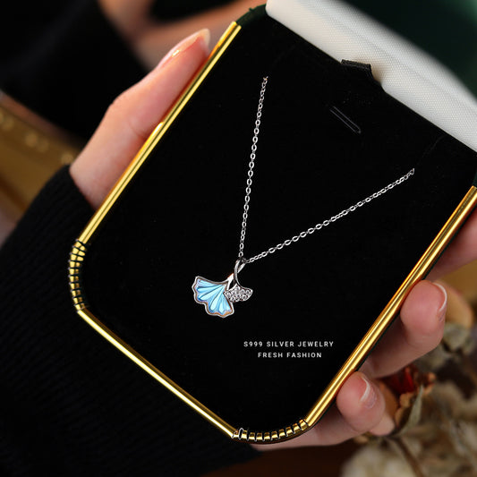 Glimmering Ginkgo Leaf Necklace Set__ Moonstone Ginkgo Leaf Micro Inlaid Zircon Leaf Clavicle Chain PrestigePearls