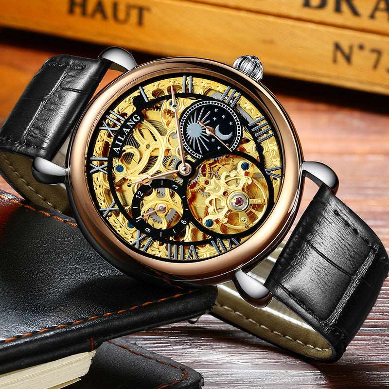 AILONG AL-6889-- Gold Hollow Movement moon phase Automatic Mechanical Watch