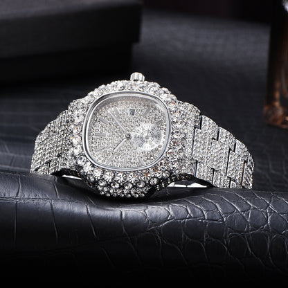 Full Diamond Hip Hop Calendar Luminous Quartz Waterproof Business Men's Gold Watch PrestigePearls