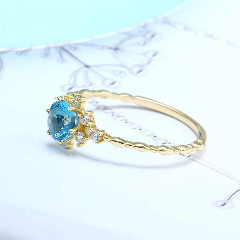 Simple retro snowflake natural blue topaz zircon ring PrestigePearls