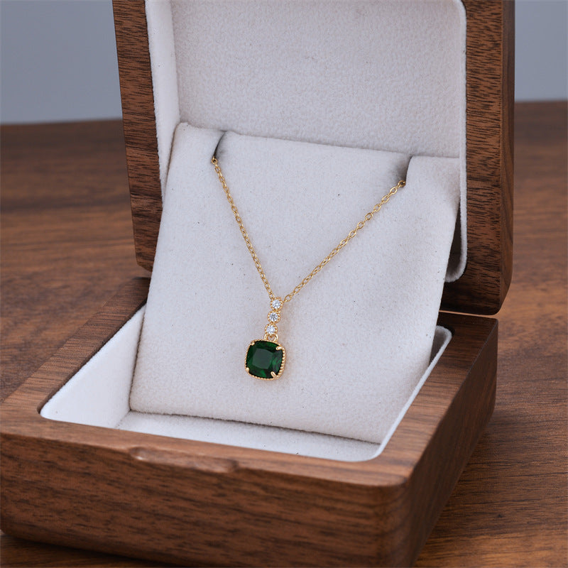 Emerald Square Gemstone Pendant Micro-inlaid Necklace PrestigePearls