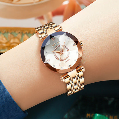 SENO__ Starry Diamond Face Bright Polygonal Glass Solid Stainless Steel Strap  Watch PrestigePearls