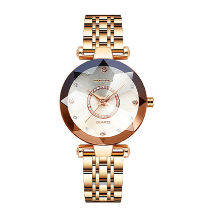 SENO__ Starry Diamond Face Bright Polygonal Glass Solid Stainless Steel Strap  Watch PrestigePearls