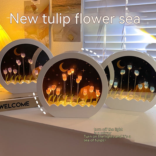 Tulip Rose Small Night Lamp Diy Handmade Mirror Flower Sea Bouquet Gift PrestigePearls