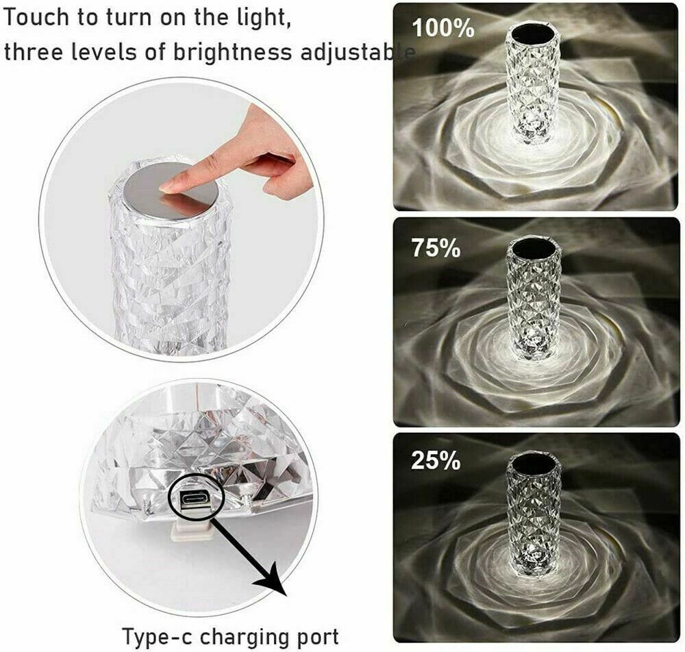 LED Crystal Table Lamp Diamond Rose Night Light Touch Atmosphere &Remote Control - prestigepearls